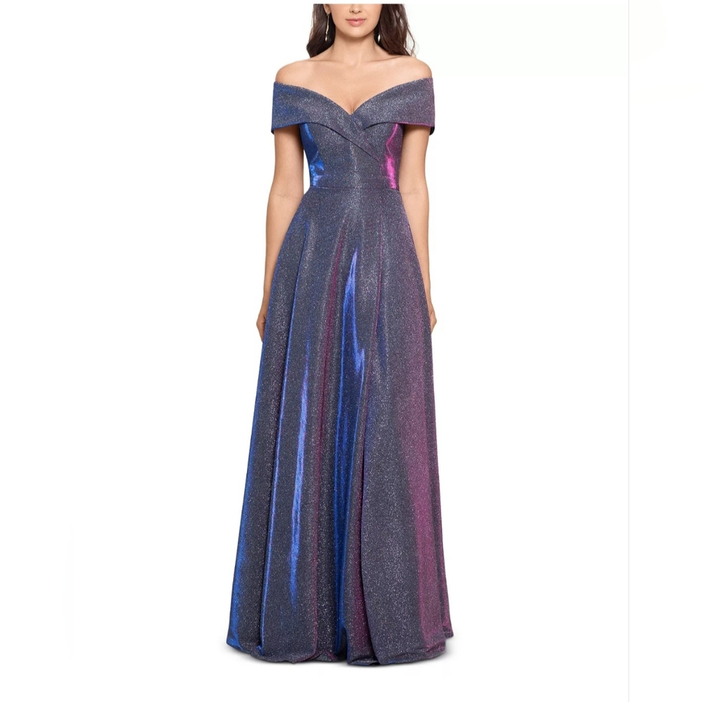 Xscape Iridescent Off-Shoulder Evening Gown in Blue and Purple